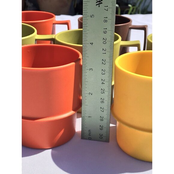 VTG Tupperware 1312 Stacking Coffee Cups Harvest MCM Orange Green Gold Brown Set - Picture 16 of 16